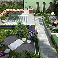 Lush Garden Landscape Design With Outdoor Seating Vibrant Flowers And Stone Pathways