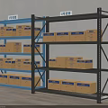 Blue And Black Metal Storage Shelves With Labeled Cardboard Boxes And Numbered Racks