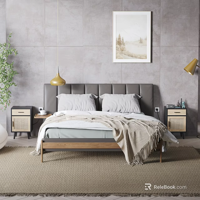 Double Bed with Gray Headboard Pillows Blanket and Nightstands Pendant Lights Wall Painting Green Plant 3d model 