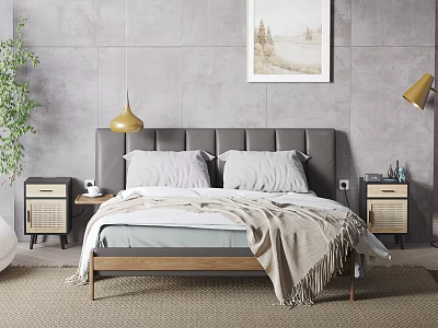 Double Bed with Gray Headboard Pillows Blanket and Nightstands Pendant Lights Wall Painting Green Plant 3d model