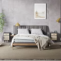 Double Bed with Gray Headboard Pillows Blanket and Nightstands Pendant Lights Wall Painting Green Plant