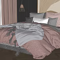 Cozy Modern Bedroom With Pink Quilt Gray Blanket Pillows And Wooden Wall