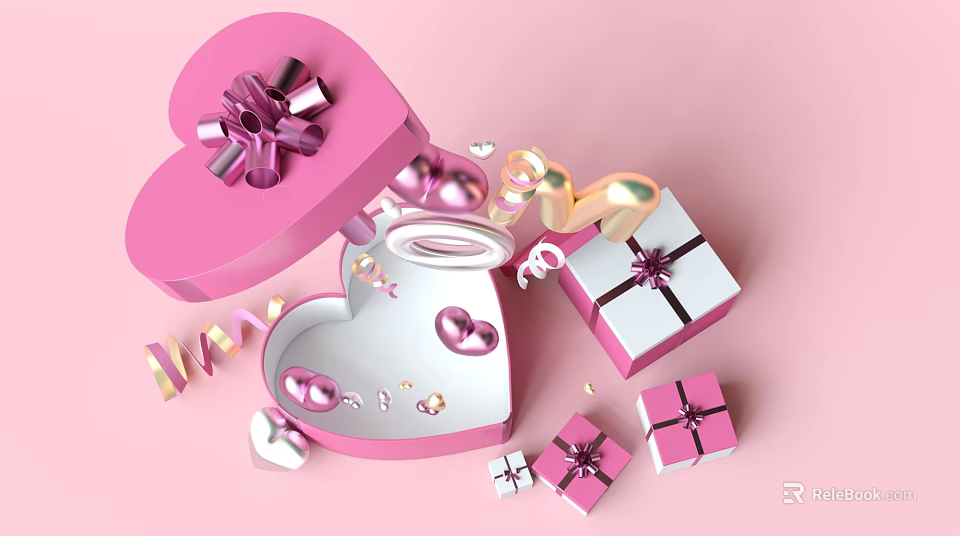 Open Pink Heart Shaped Box With Decorative Pearls Heart Ornaments And Gift Boxes 3d model 