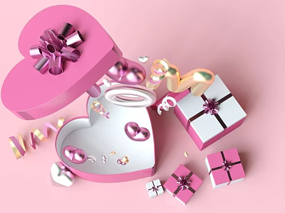 Open Pink Heart Shaped Box With Decorative Pearls Heart Ornaments And Gift Boxes 3d model
