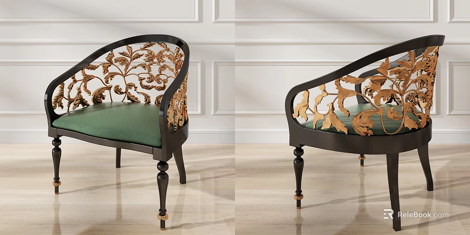 Stylish Leisure Chair Featuring Intricate Golden Carved Patterns Black Frame And Green Seat Cushion 3d model 
