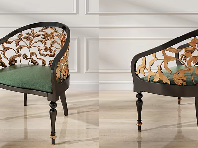Stylish Leisure Chair Featuring Intricate Golden Carved Patterns Black Frame And Green Seat Cushion 3d model