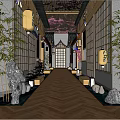 Traditional Hotel Corridor With Wooden Floor Bamboo Plants Decorative Stones Lanterns And Cherry Blossom Ceiling