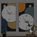Modern Decorative Wall Clock Featuring Geometric Design Colorful Background And Plant Accents