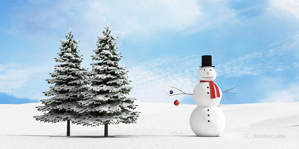 Snowman With Red Scarf Near Snow Covered Pine Trees On Snowy Ground 3d model 