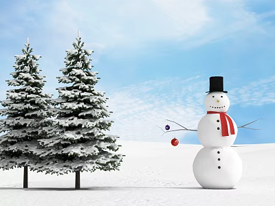 Snowman With Red Scarf Near Snow Covered Pine Trees On Snowy Ground 3d model