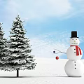 Snowman With Red Scarf Near Snow Covered Pine Trees On Snowy Ground