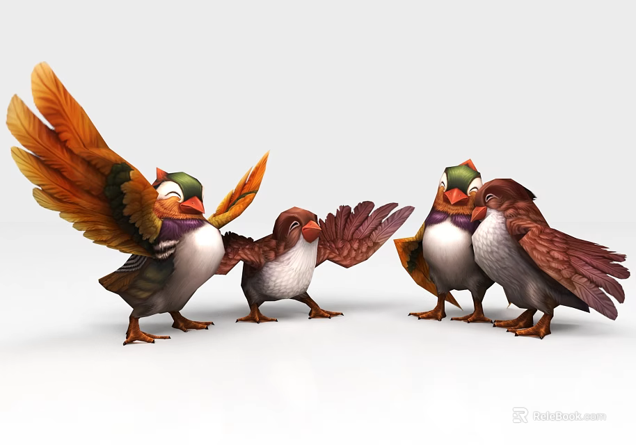 Four Colorful Cartoon Birds With Orange Green Wings Spreading And Snuggling Together 3d model 