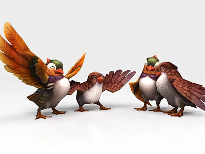 Four Colorful Cartoon Birds With Orange Green Wings Spreading And Snuggling Together 3d model