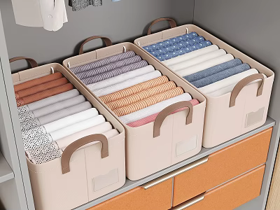Beige Storage Boxes With Brown Handles For Neatly Folded Clothes In Wardrobe Shelf Drawer 3d model