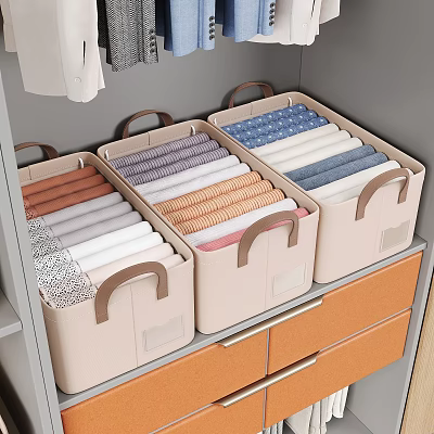 Beige Storage Boxes With Brown Handles For Neatly Folded Clothes In Wardrobe Shelf Drawer 3d model