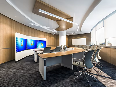 Modern Conference Room With Curved Wooden Walls Large Screen Displays And Meeting Table 3d model