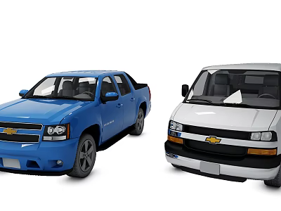 Two Blue And White Chevrolet Pickup Trucks Parked Side By Side 3d model