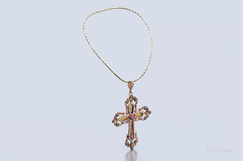 Exquisite Cross Pendant Necklace with Gold Chain and Colorful Gemstone Inlays 3d model 