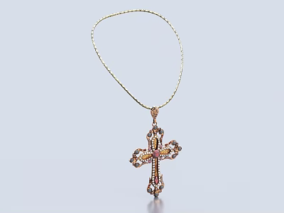 Exquisite Cross Pendant Necklace with Gold Chain and Colorful Gemstone Inlays 3d model