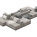 Modern Gray Sectional Sofa with Soft Pillows and Cozy Blankets 3d model