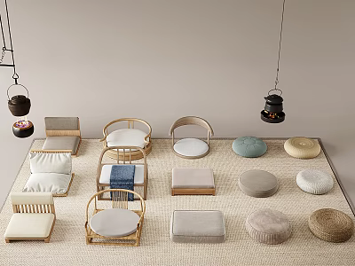 Cozy Seating Area With Rattan Furniture Cushions And Pendant Lights 3d model