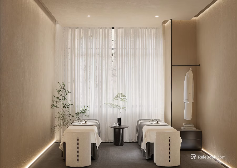 Elegant Modern Minimalist SPA Sauna Interior With Two Massage Tables White Curtains And Green Plants 3d model 