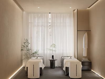 Elegant Modern Minimalist SPA Sauna Interior With Two Massage Tables White Curtains And Green Plants 3d model