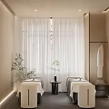Elegant Modern Minimalist SPA Sauna Interior With Two Massage Tables White Curtains And Green Plants