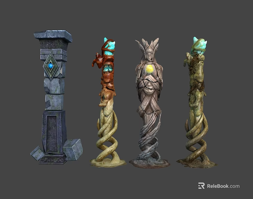 Decorative Pillars With Twisted Patterns Gemstones And Intricate Carvings Design 3d model 