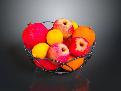 Fresh Mixed Fruits in Metal Basket Including Pomegranate Apples Lemons and Oranges 3d model