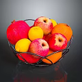 Fresh Mixed Fruits in Metal Basket Including Pomegranate Apples Lemons and Oranges