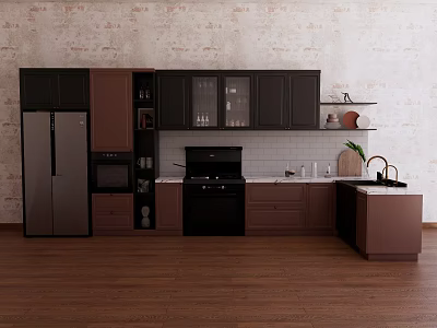 Modern Rustic Kitchen Interior With Dark Brown Cabinets Black Appliances Wooden Floor And Sink 3d model