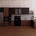 Modern Rustic Kitchen Interior With Dark Brown Cabinets Black Appliances Wooden Floor And Sink