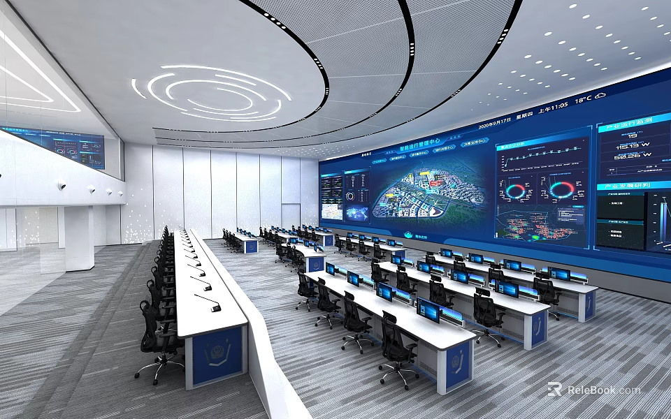 Modern Command Center With Multiple Workstations Large Digital Display And Data Visualizations 3d model 