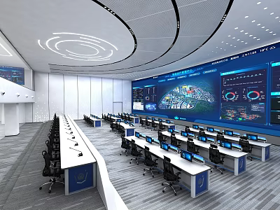 Modern Command Center With Multiple Workstations Large Digital Display And Data Visualizations 3d model