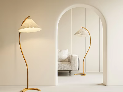 Modern Minimalist Floor Lamp With Arched Mirror And Warm Light In Living Room Interior 3d model