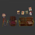 Brown Leather Sofas With Single And Double Seats Floor Lamp And Posters On Gray Wall