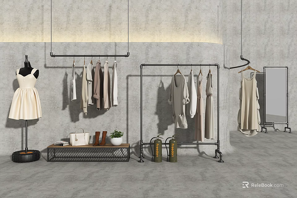 Metal Clothing Racks With Hanging Clothes And Dresses In Minimalist Store Interior 3d model 