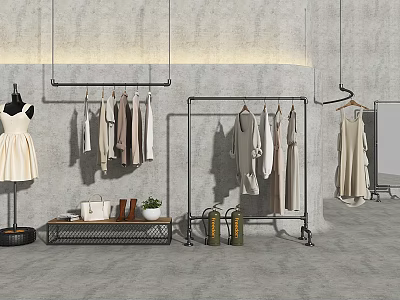 Metal Clothing Racks With Hanging Clothes And Dresses In Minimalist Store Interior 3d model