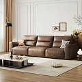 Three Seater Leather Sofa In Living Room With Coffee Table Wall Art And Floor Lamp