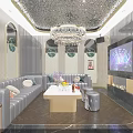 Modern KTV Lounge Interior With Green Walls Circular Mirrors Brown Sofas And Large Screen TV