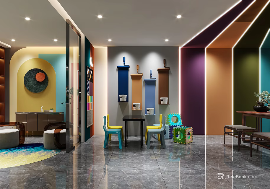 Vibrant Modern Exhibition Space With Colorful Walls Multicolored Chairs Ceiling Lights And Display Shelves 3d model 