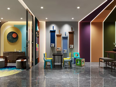 Vibrant Modern Exhibition Space With Colorful Walls Multicolored Chairs Ceiling Lights And Display Shelves 3d model