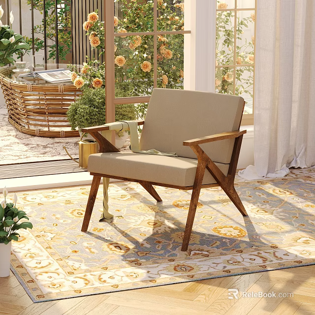 Elegant Villa Balcony Space With Comfy Armchair Floral Rug And Green Plants 3d model 