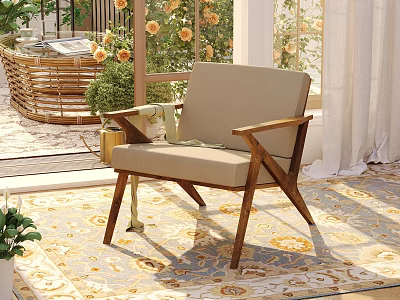 Elegant Villa Balcony Space With Comfy Armchair Floral Rug And Green Plants 3d model