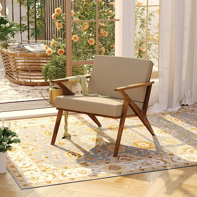 Elegant Villa Balcony Space With Comfy Armchair Floral Rug And Green Plants 3d model