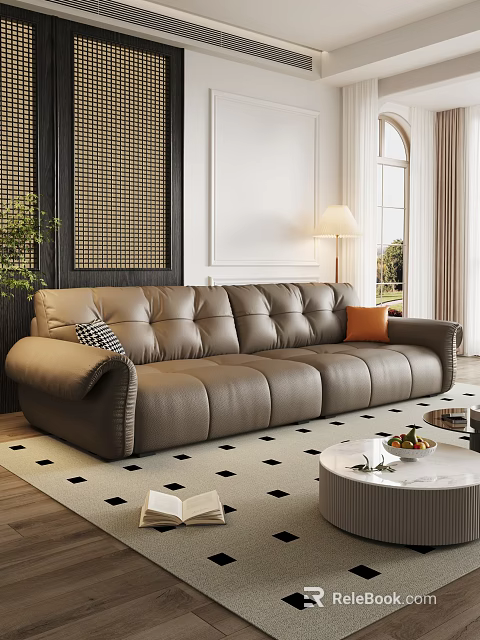 Gray Leather Sofa and Round Coffee Table Set with Orange Checkered Cushions and Fruit Decor 3d model 