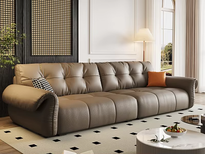 Gray Leather Sofa and Round Coffee Table Set with Orange Checkered Cushions and Fruit Decor 3d model