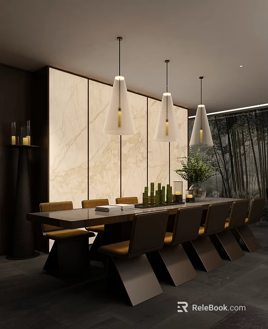Elegant Modern Restaurant Interior With Marble Wall Pendant Lights Long Dining Table Chairs Green Plants 3d model 