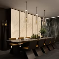 Elegant Modern Restaurant Interior With Marble Wall Pendant Lights Long Dining Table Chairs Green Plants